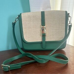 Valentina Flore Italian Green Leather Raffia Flap Crossbody Bag Adjustable Purse